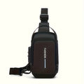 Black anti-theft sling bag with an adjustable strap, combination lock, and a sleek, modern design.