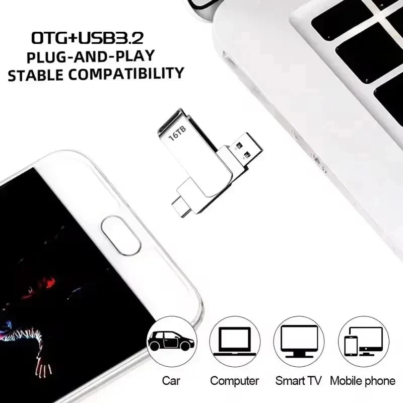 Silver 16TB 2-in-1 USB 3.2 flash drive with USB-A and Type-C connectors, shown with a phone and computer.