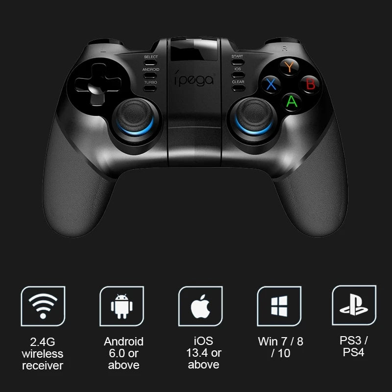 Black wireless gaming controller with multi-colored action buttons, analog sticks with blue rings, and compatibility icons.
