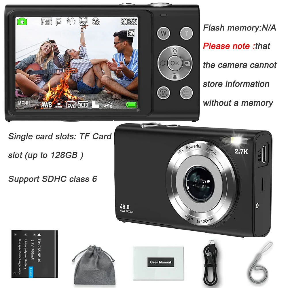 Black digital point-and-shoot camera with 48MP, 16x zoom, LCD screen, TF card slot, battery, and accessories.