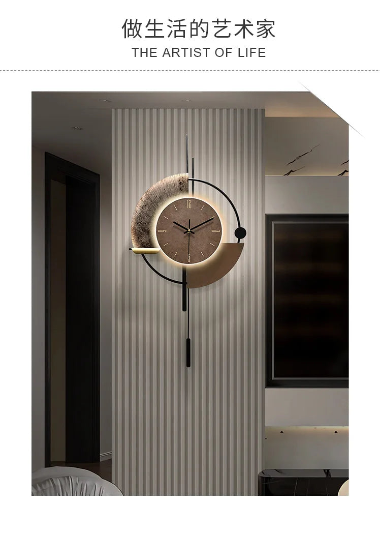 Modern minimalist wall clock with a brown circular face, warm backlighting, and a black metal geometric pendulum design.