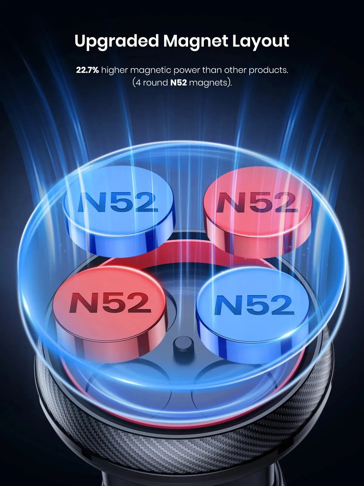 Magnetic phone mount featuring four round blue and red N52 magnets on a textured black base with a glowing blue effect.
