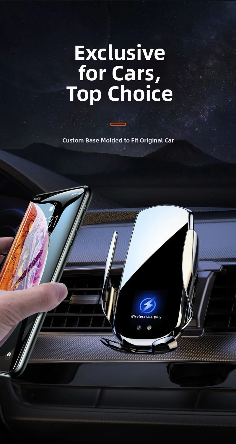Silver, high-gloss car phone mount with integrated wireless charging, designed to attach securely to vehicle air vents.