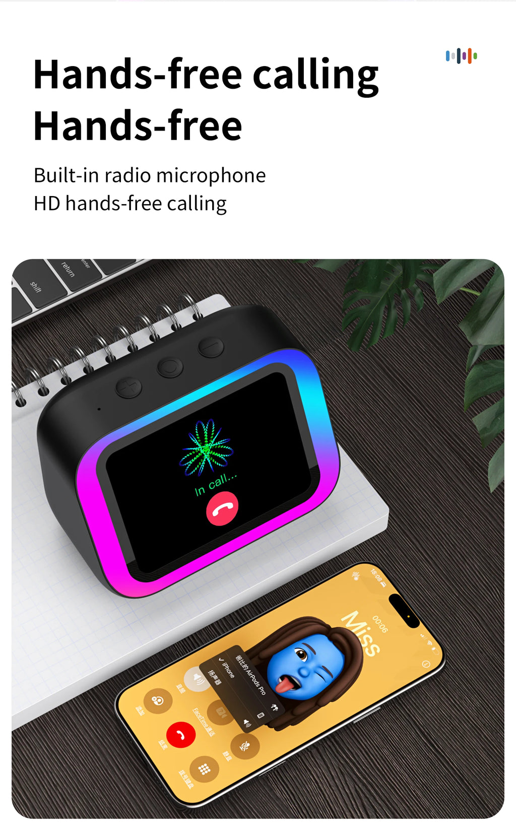 Black multifunctional smart speaker with a glowing colourful LED border and screen, shown alongside a smartphone.