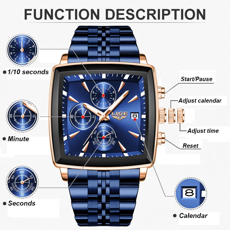 Blue and gold square quartz watch with chronograph sub-dials, date window, and linked metal bracelet.