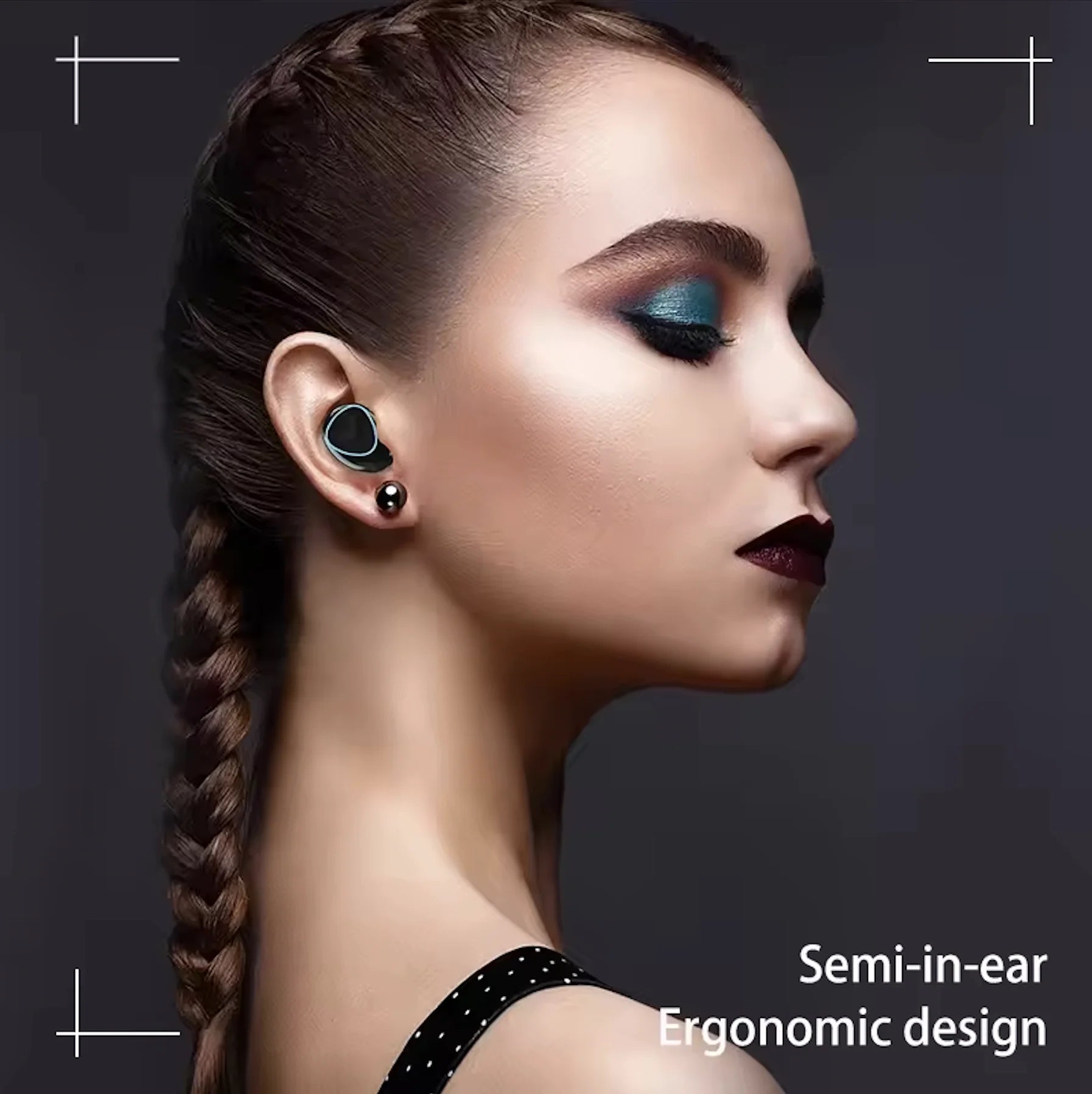 Profile view of a woman wearing a sleek, black, ergonomic semi-in-ear wireless earbud.