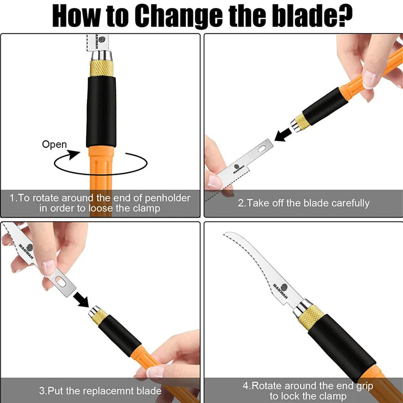 Four-step instructional diagram showing how to change the blades on a mini hobby craft saw tool.