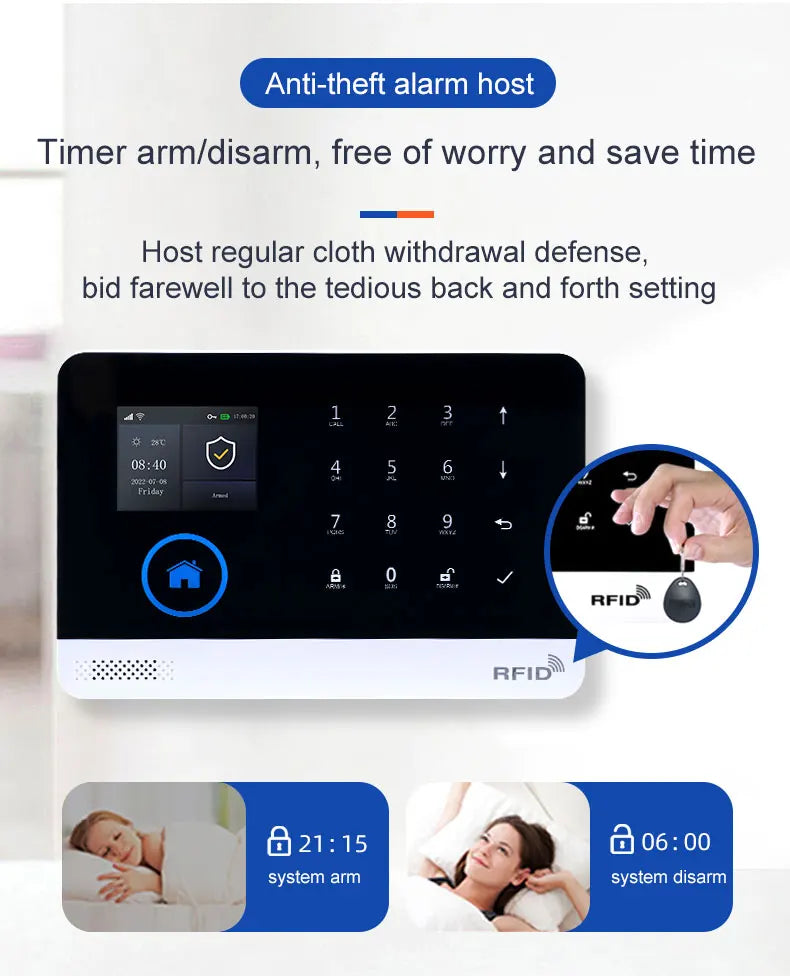 Sleek black and white smart alarm hub with a digital touchscreen, RFID tag access, and automated scheduling features.