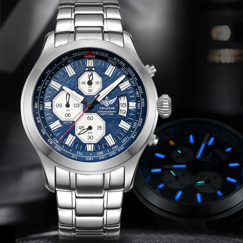Yelang V1029S stainless steel men's watch with blue textured dial, three sub-dials, tachymeter bezel, and luminous hands.