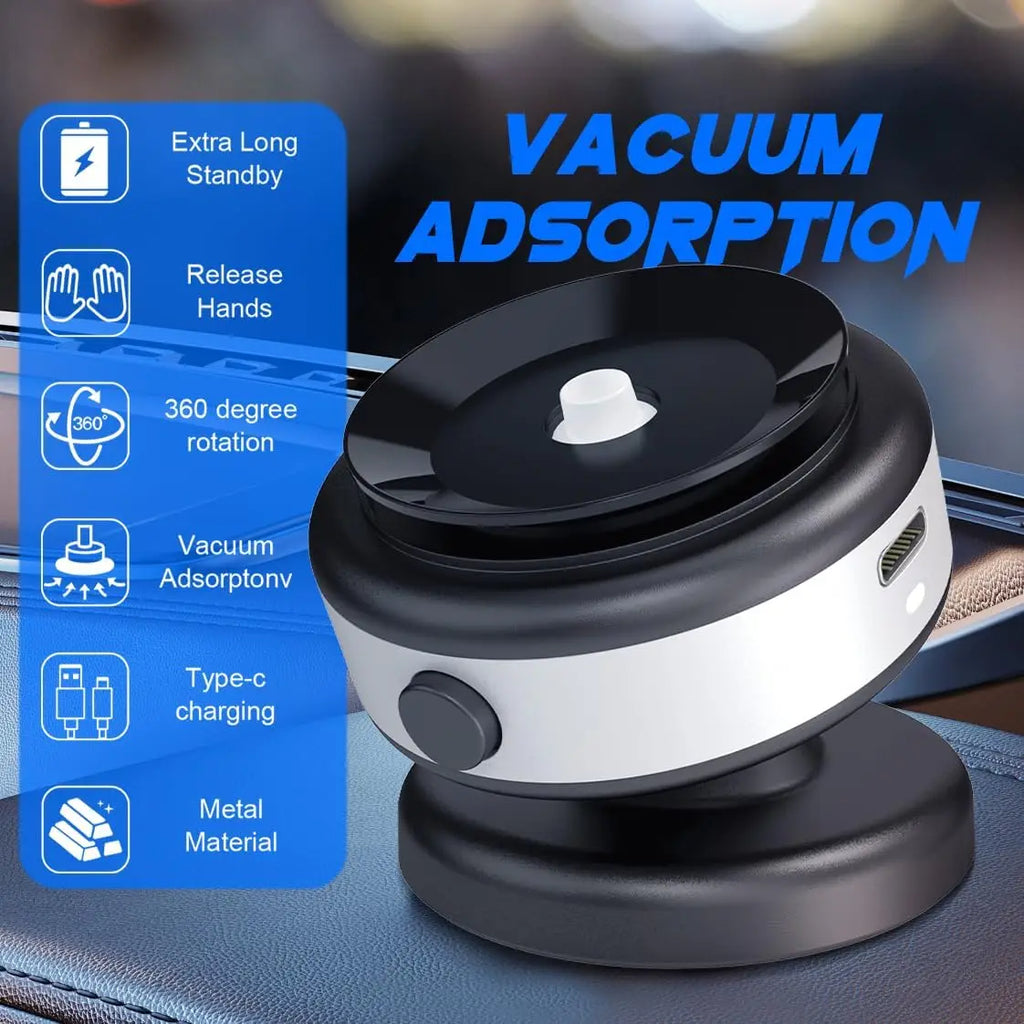 Black and silver round vacuum adsorption phone mount with 360-degree rotation and Type-C charging.
