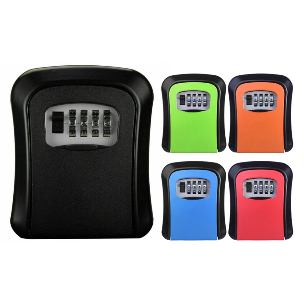 Wall-mounted metal key lock boxes with four-digit combination dials, available in black, green, orange, blue, and red.