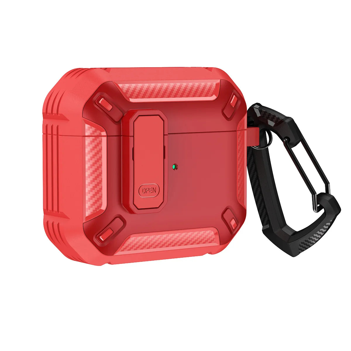 Rugged red protective case for AirPods with carbon fibre accents, secure locking latch, and black carabiner.