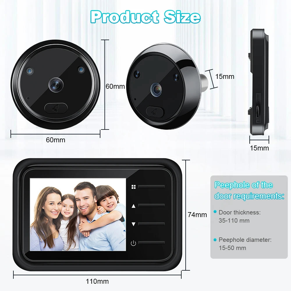 Black digital door peephole camera with 2.4-inch LCD screen, night vision, and doorbell button, showing dimensions.