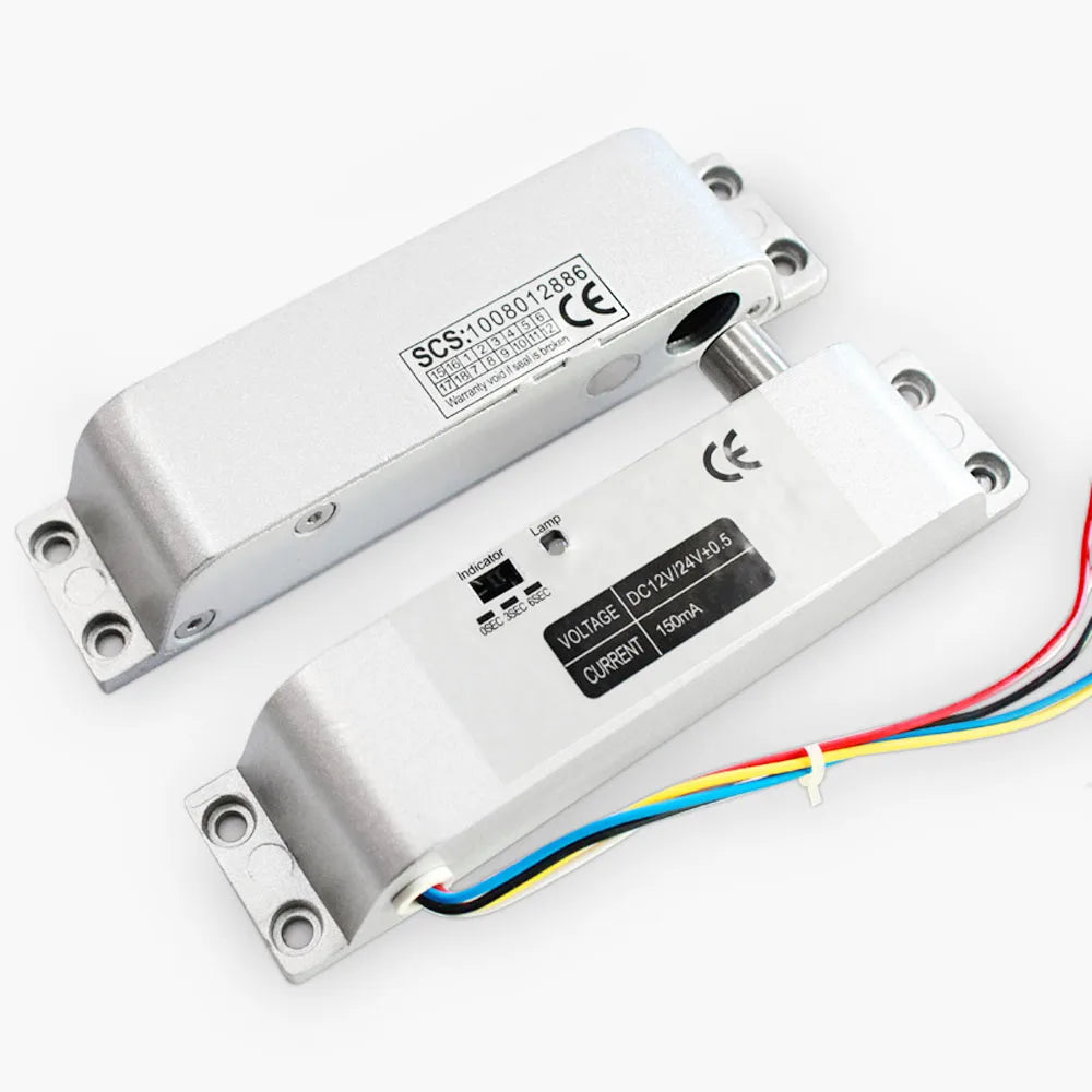 Silver metal electric bolt lock with wiring, mounting brackets, and voltage indicator labels.