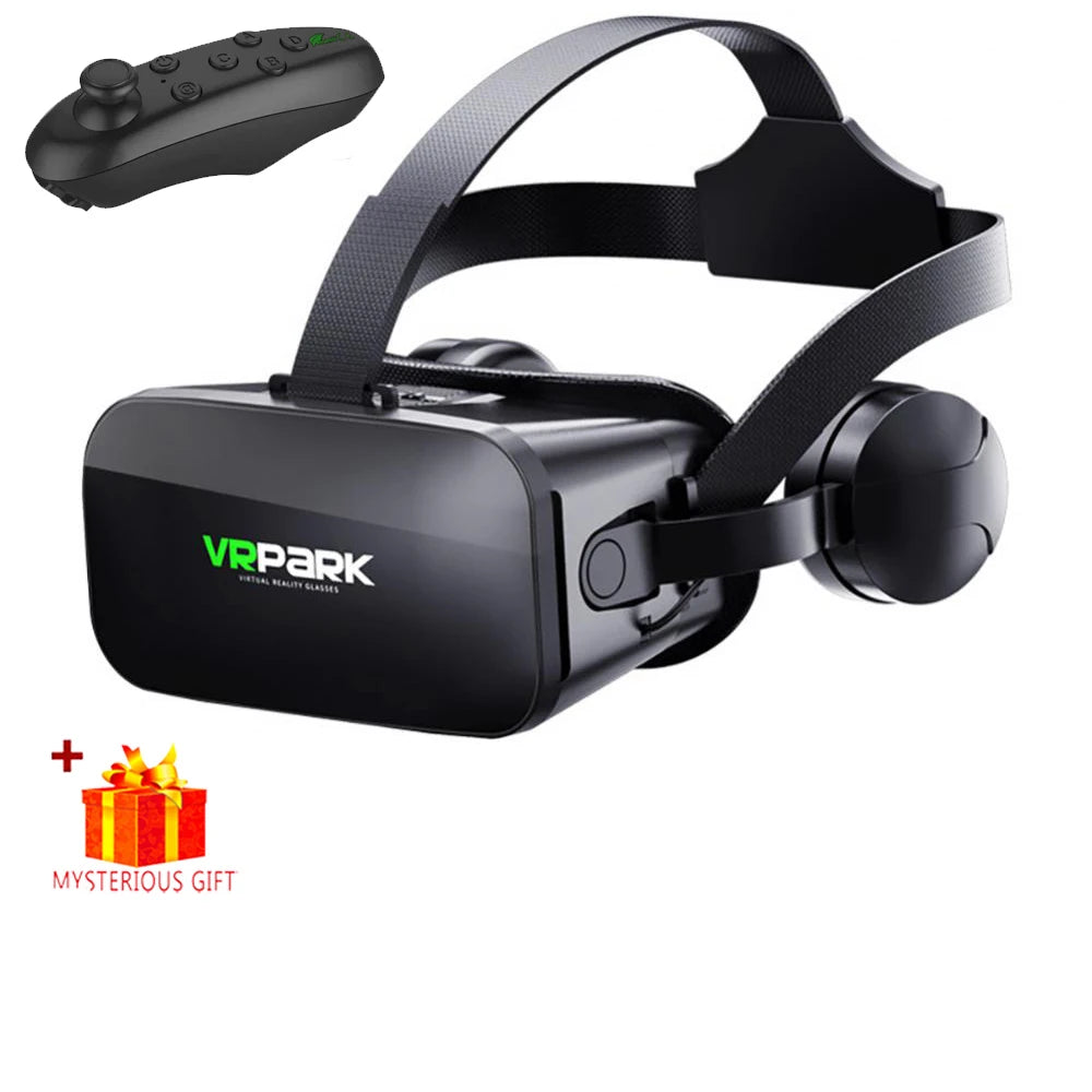 Black VR headset with adjustable strap and headphones, includes a handheld controller and a gift box icon.