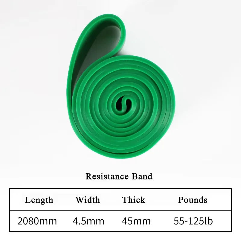 Green rolled resistance band with technical specifications chart: 2080mm length, 45mm width, 55-125lb resistance.