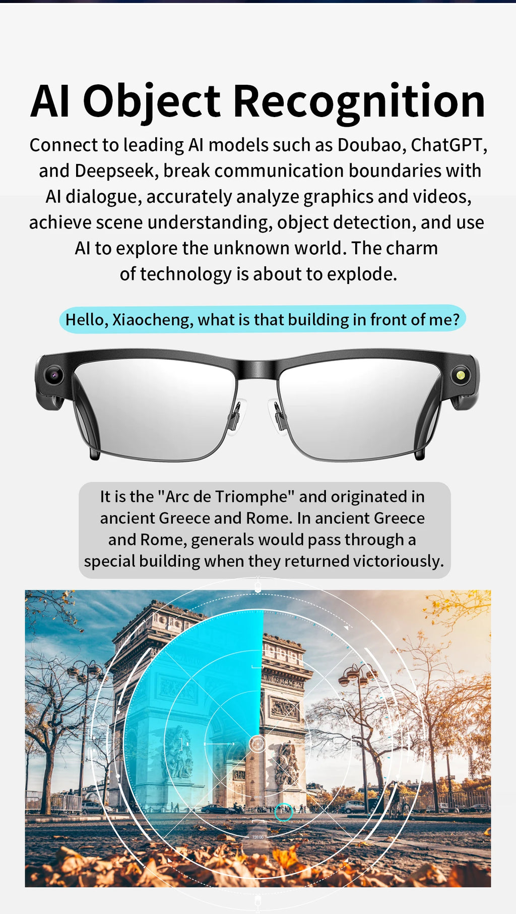 Sleek black AI smart glasses featuring built-in cameras, voice assistant technology, and real-time object recognition.