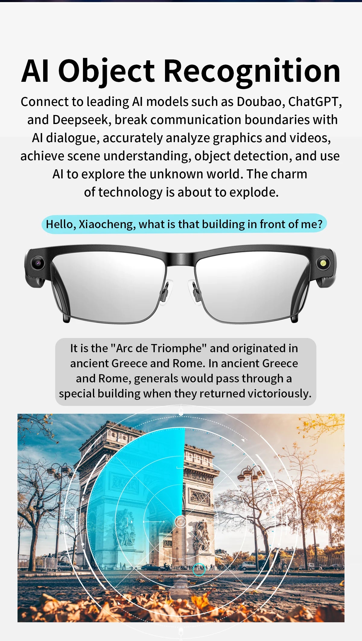 Sleek black AI smart glasses featuring built-in cameras, voice assistant technology, and real-time object recognition.