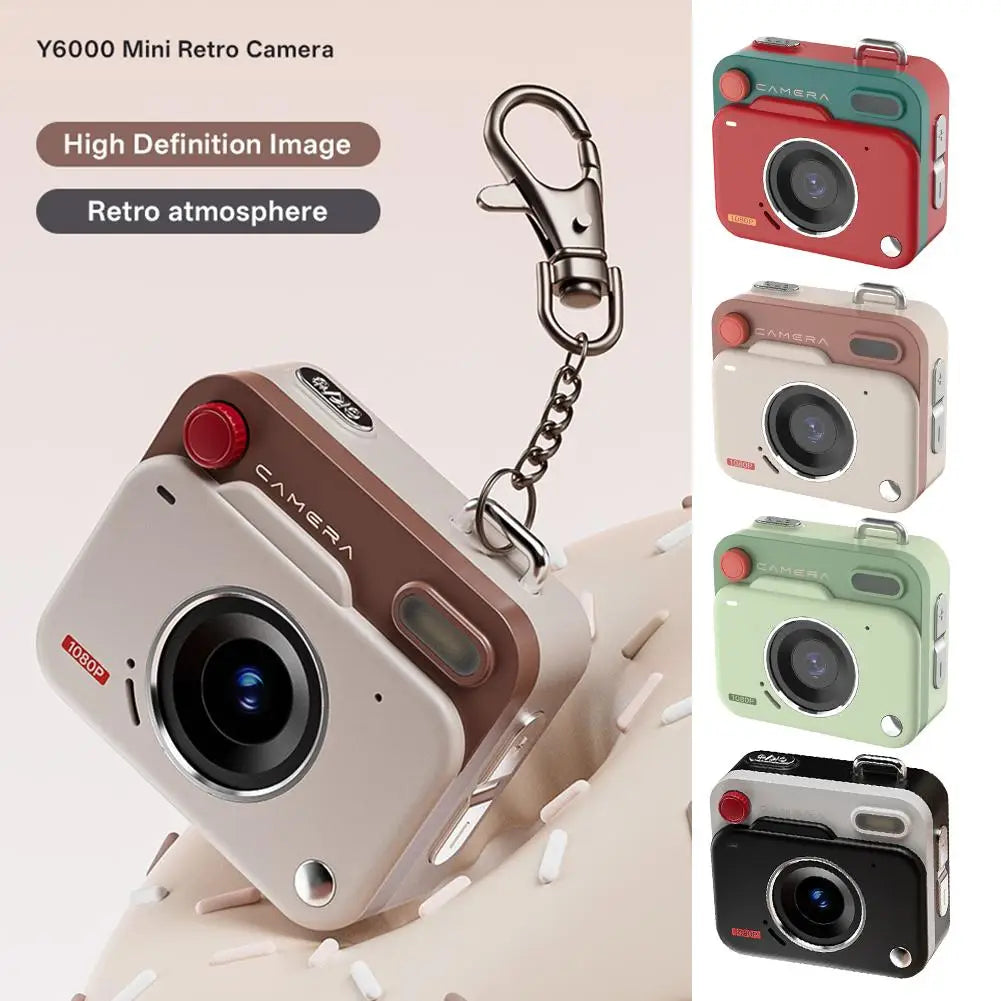 Y6000 mini retro 1080P digital cameras available in various two-tone color schemes with a keychain attachment.