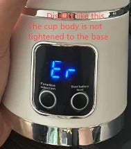 Off-white portable blender or kitchen appliance with a digital display showing an error message and two control buttons.