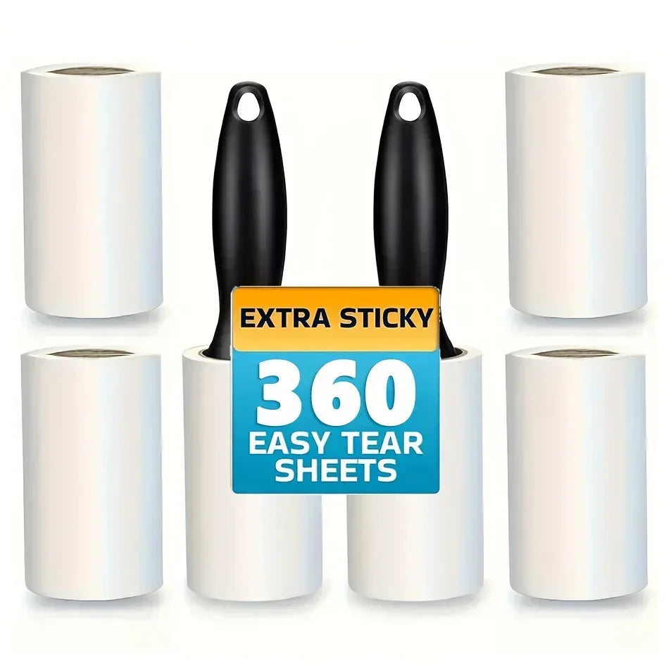 Two lint rollers with black handles and four white adhesive refills, featuring an "Extra Sticky 360 Sheets" label.