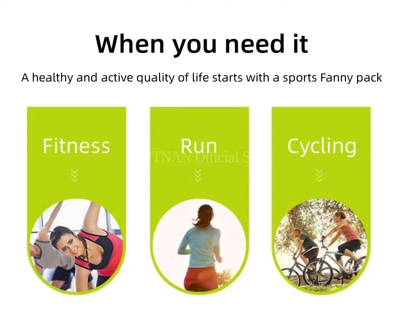 Promotional graphic for a sports bum bag showing people exercising, running, and cycling, set against lime green panels.