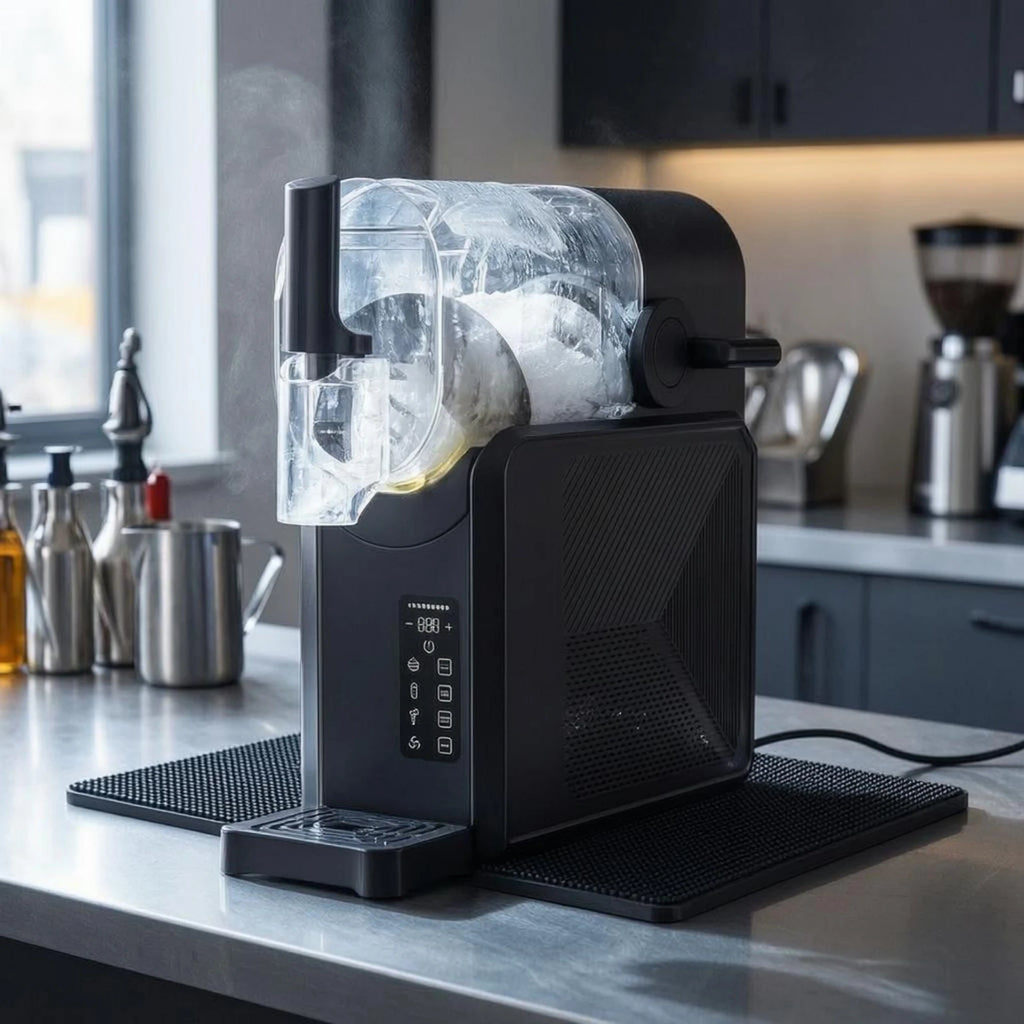 Black countertop slush machine with a clear cylindrical bowl, digital control panel, and dispensing spout.