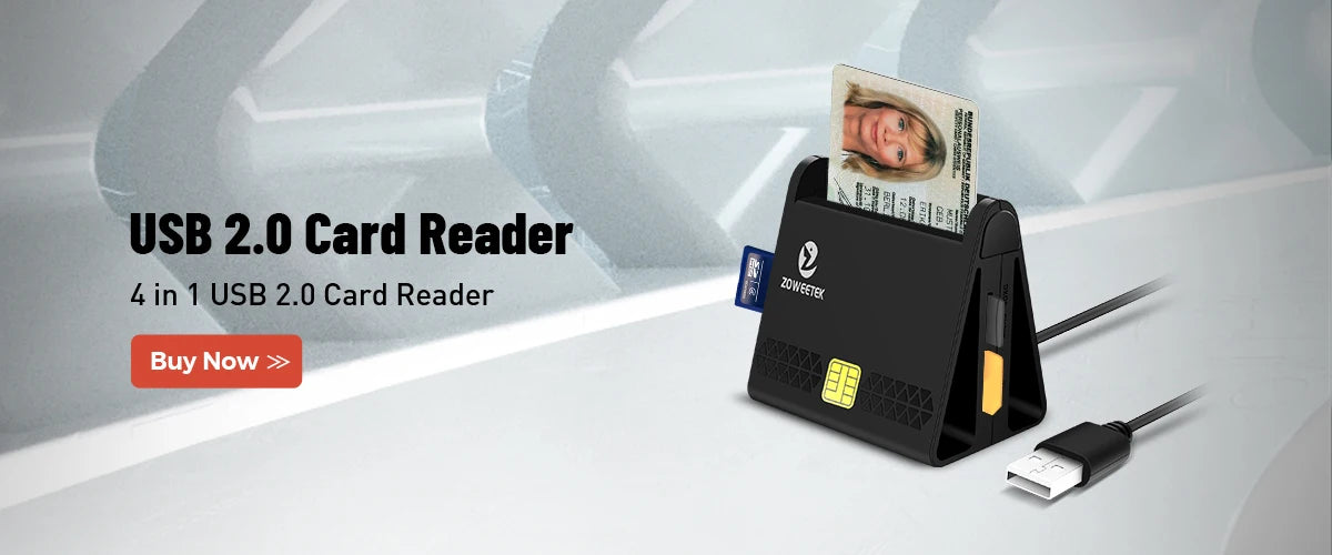 Black plastic 4-in-1 USB 2.0 card reader with a Zoweetek logo, holding an ID card and a small memory card.
