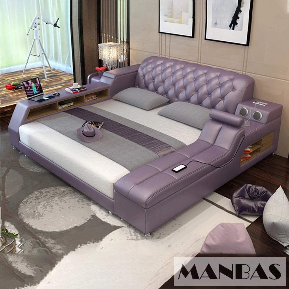 Luxury purple tufted upholstered platform bed with integrated side speakers, LED lighting, and built-in storage shelves.