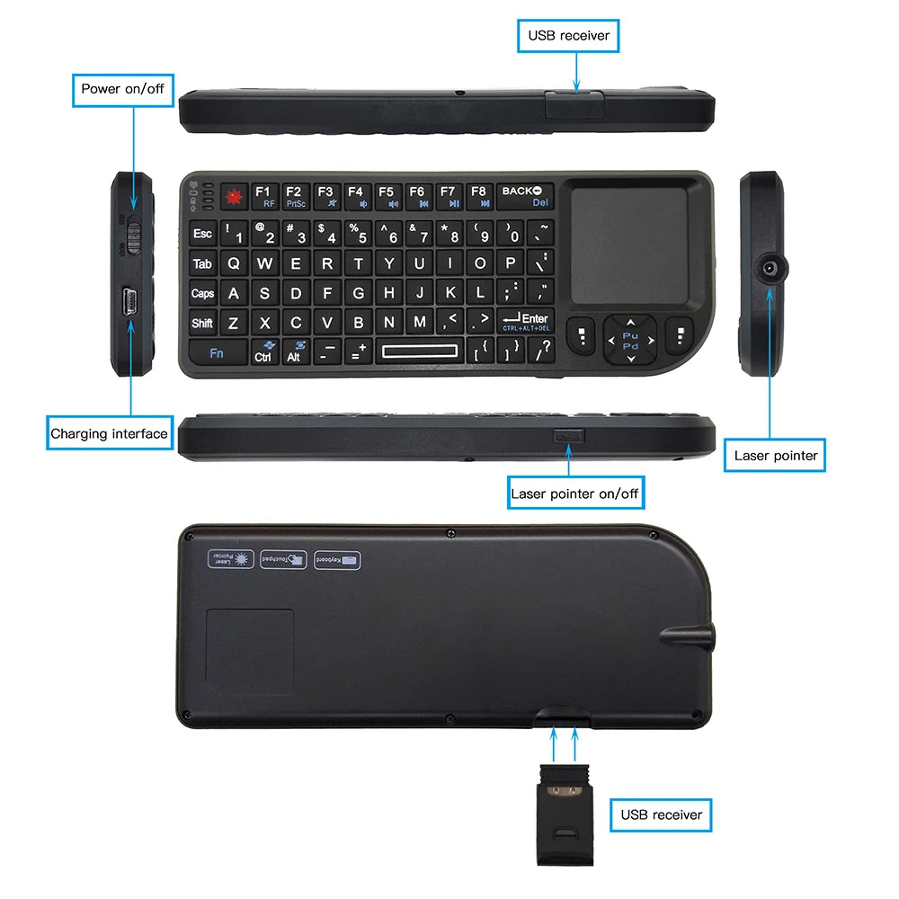 Black plastic wireless handheld keyboard with a built-in touchpad, laser pointer, and removable USB receiver.
