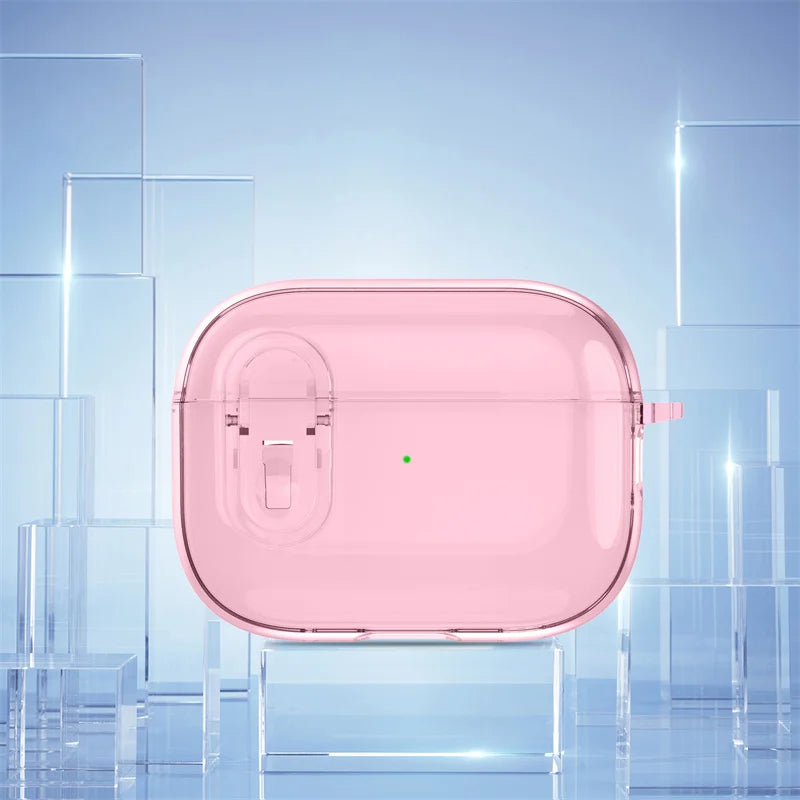 Transparent pink protective case for AirPods Pro, featuring a secure locking latch design.