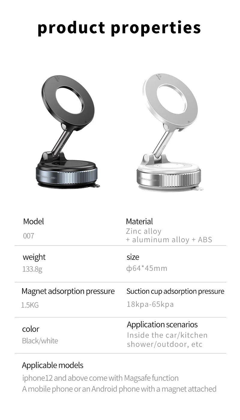 Two adjustable circular magnetic phone mounts in black and silver, featuring a suction cup base and metallic finish.