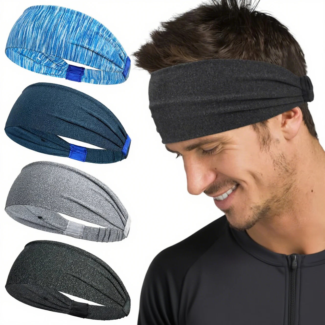 Set of four stretchy sports headbands in blue, navy, grey, and black, worn by a man for exercise.