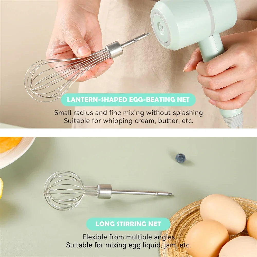 Pastel green handheld electric mixer with interchangeable stainless steel wire whisk attachments for blending ingredients.