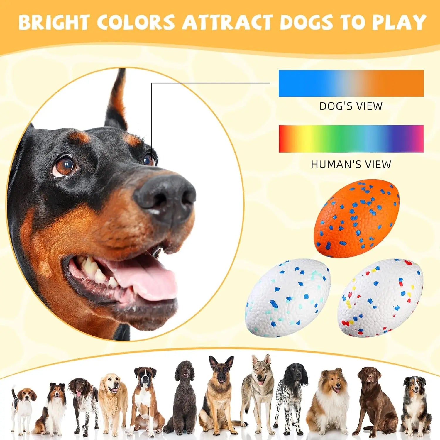 Three textured, oval dog balls in orange, white with blue spots, and white with multicoloured confetti, with a dog.