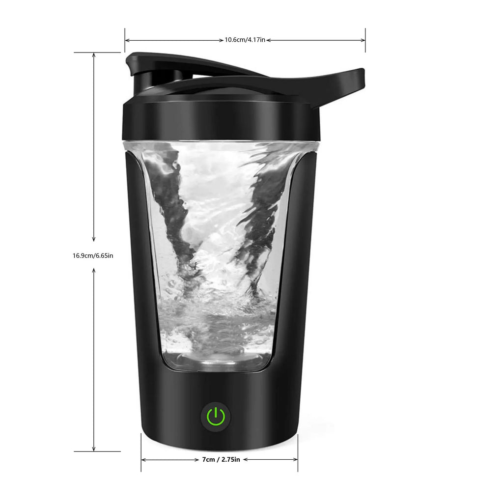 Black electric shaker bottle with a clear central window and vortex motion, featuring a power button on the front.