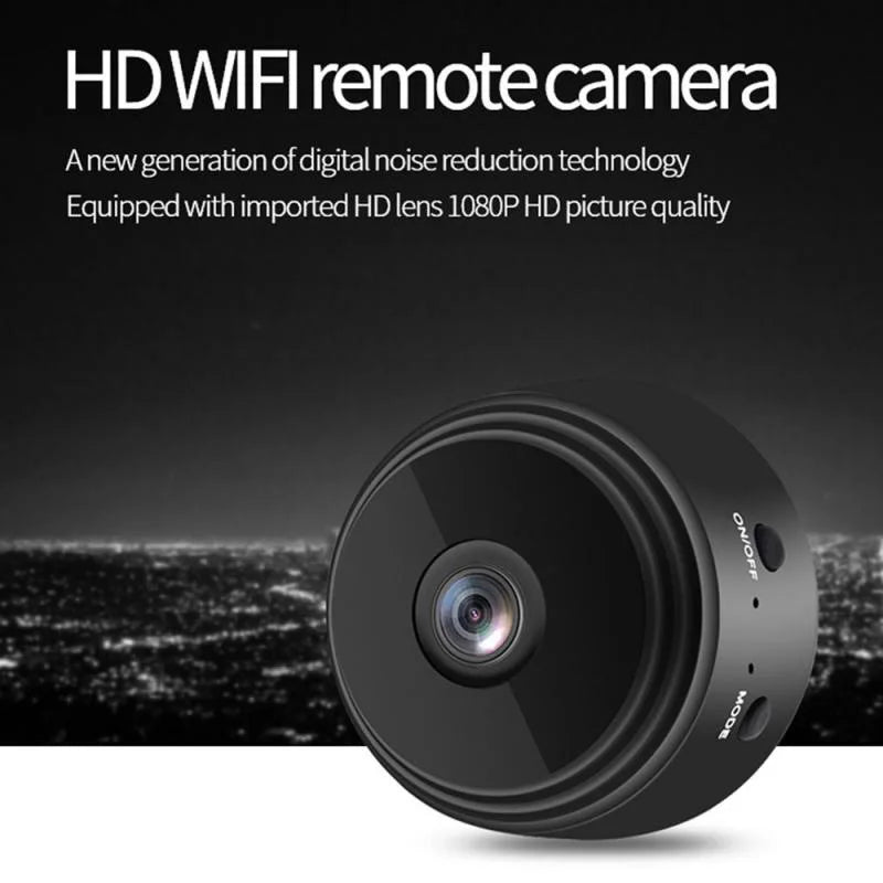 Small black circular plastic 1080p Wi-Fi remote camera with a centered lens, power button, and mode button.