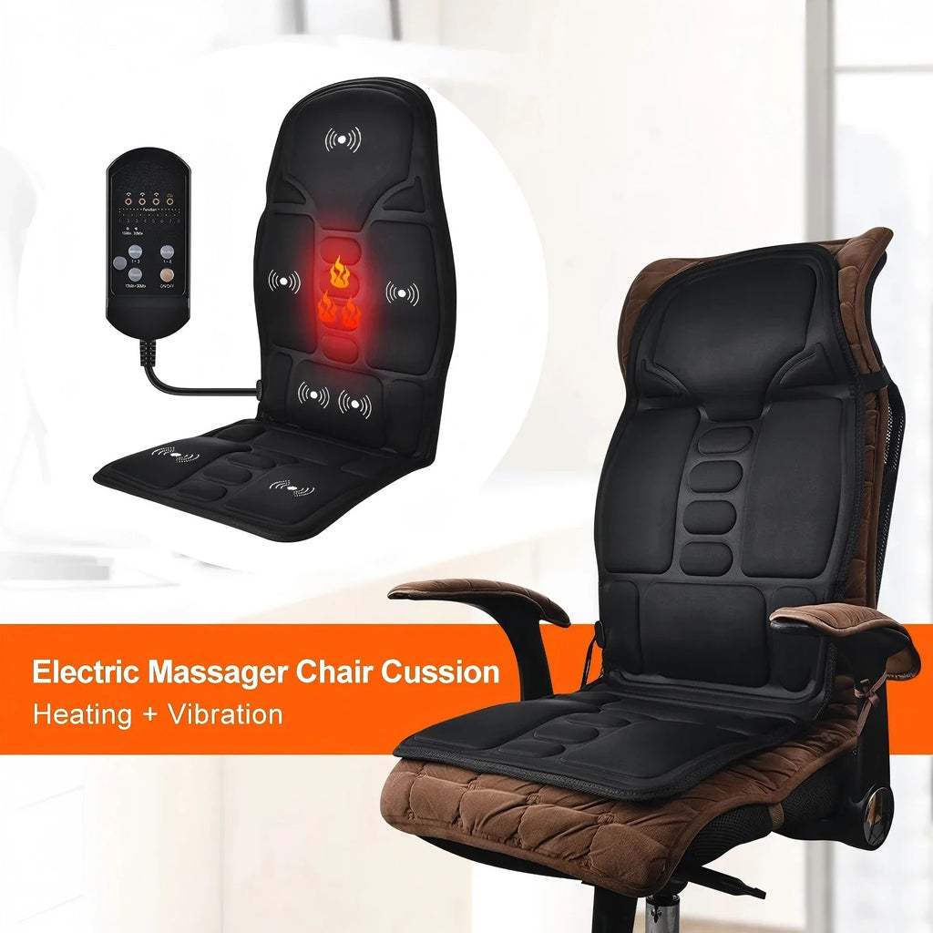 Black and brown electric massage seat cushion with remote control, featuring built-in vibration and heating zones.