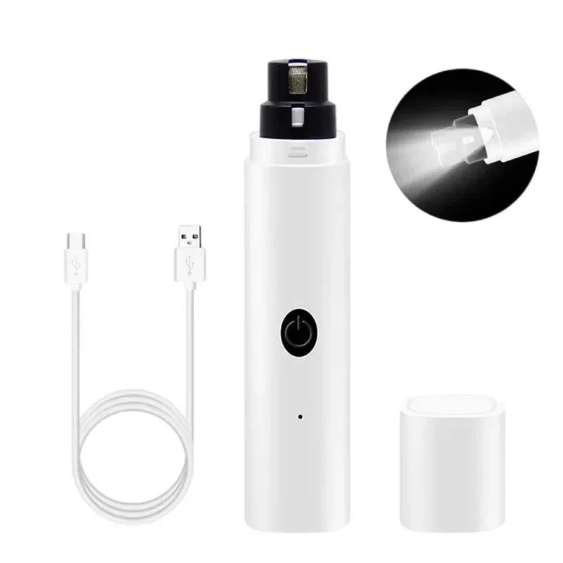 White electric pet nail grinder with LED light, protective cap, and USB charging cable.
