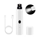 White electric pet nail grinder with LED light, protective cap, and USB charging cable.