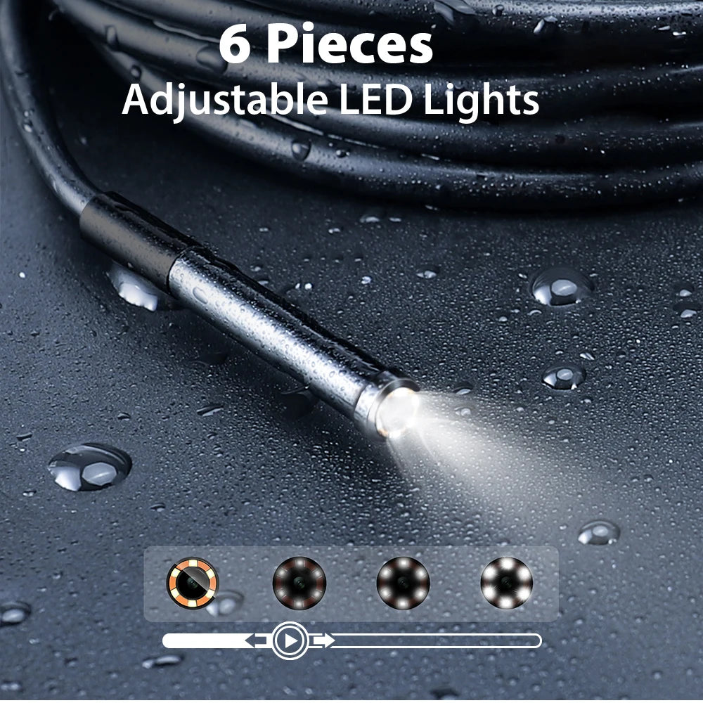 Black waterproof industrial inspection camera probe with six adjustable LED lights, shown on a wet surface.