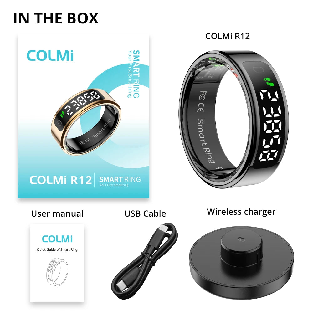 Smart ring set with fitness tracker, digital display, USB charging cable, wireless dock, and manual.