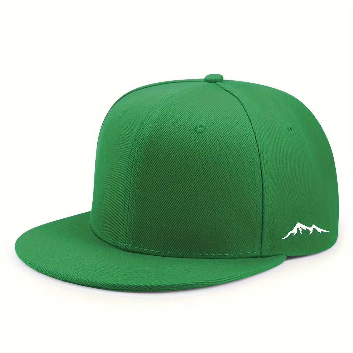 Bright green unisex flat brim cap with a small white mountain graphic on the side.