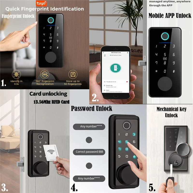 Black smart door lock with touchscreen keypad, fingerprint reader, RFID card support, app control, and key override.