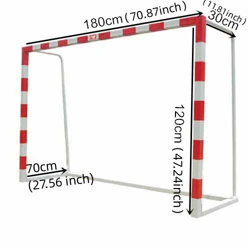 Red and white striped football goal with dimensions shown, 180cm wide and 120cm high.
