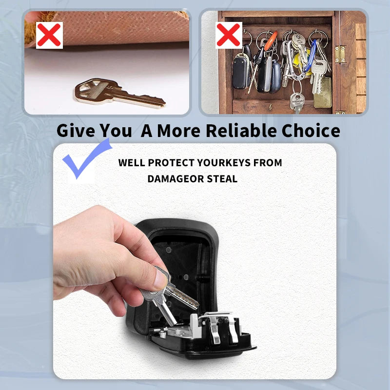 A hand placing a silver key into a compact, black metal lock box for secure key storage.