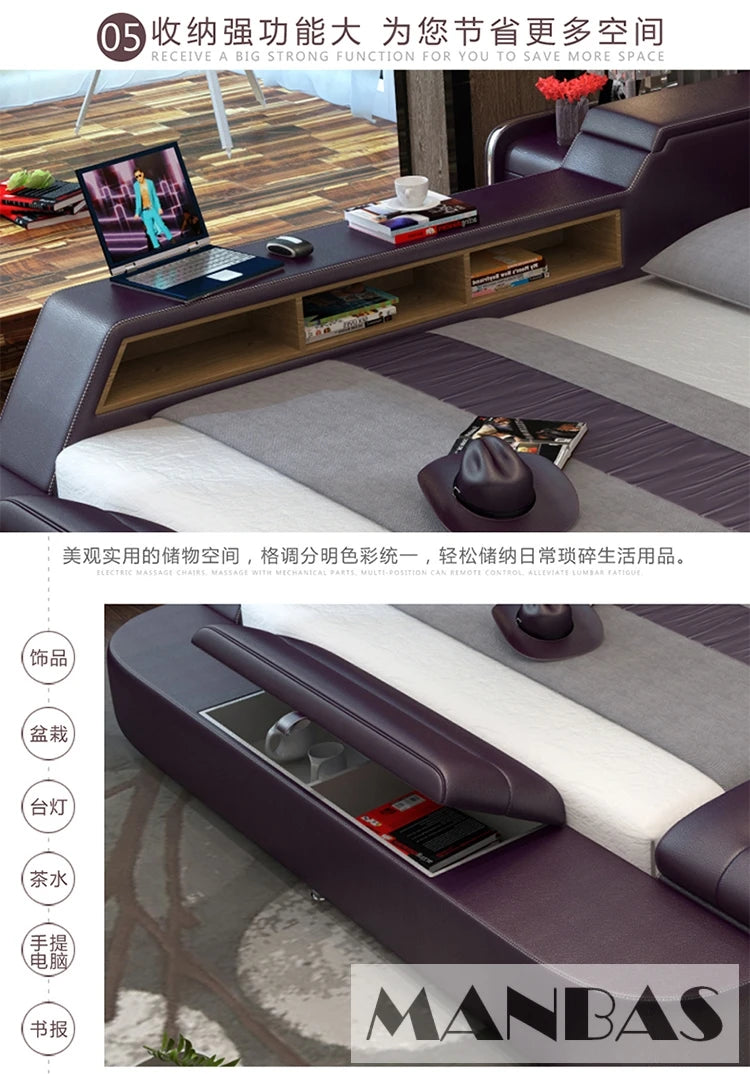 Purple upholstered platform bed with integrated storage shelves, hidden compartments, and tufted design features.