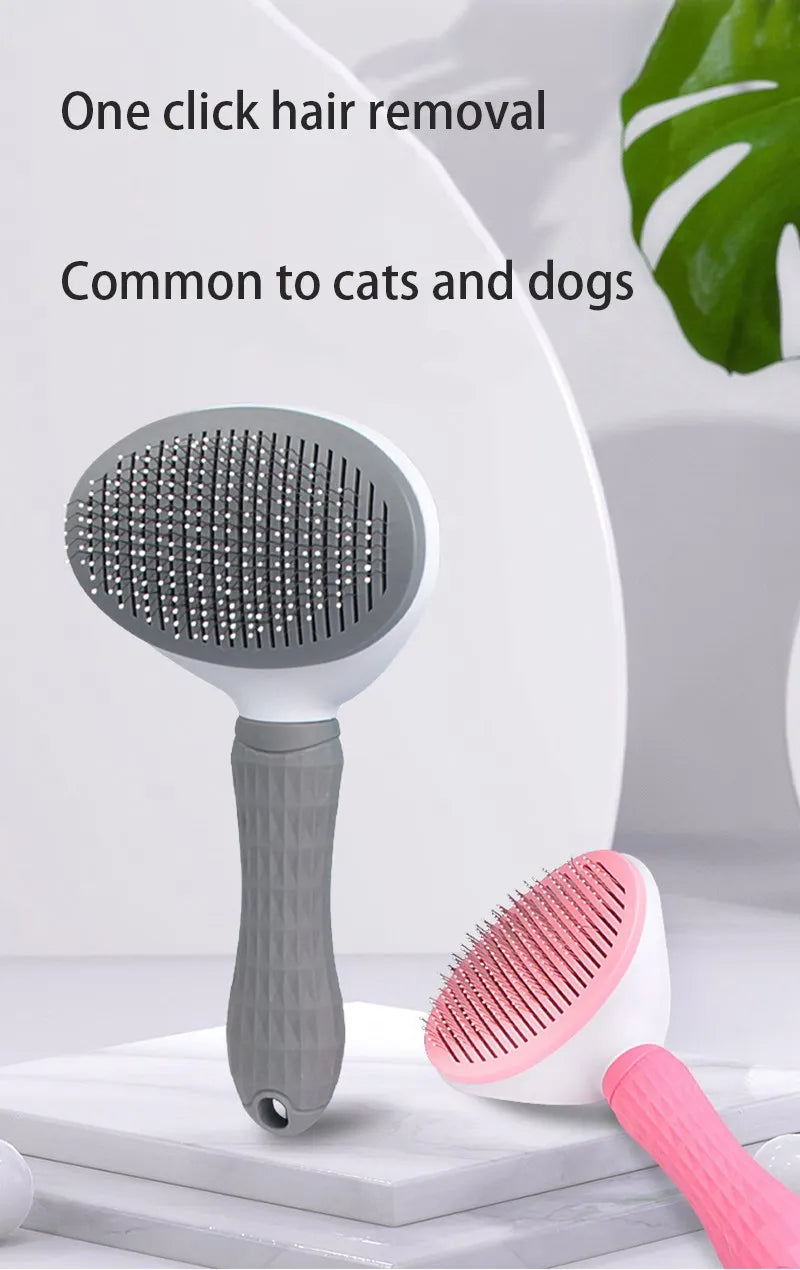 Grey and pink self-cleaning slicker brushes for cats and dogs, featuring textured handles and one-click hair removal.