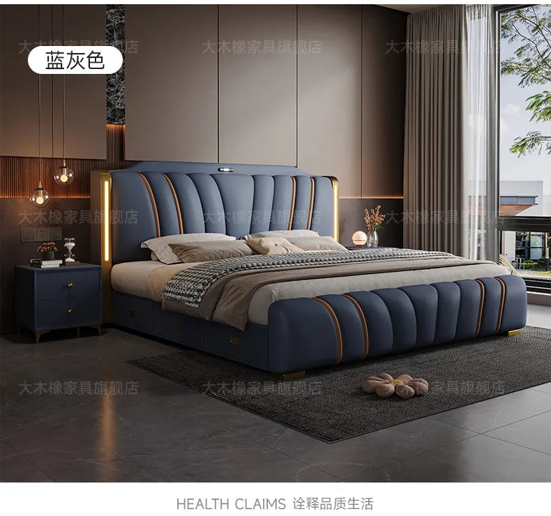 Luxury blue-grey French-style bed with vertical tufted upholstery, gold accents, and integrated headboard lighting.