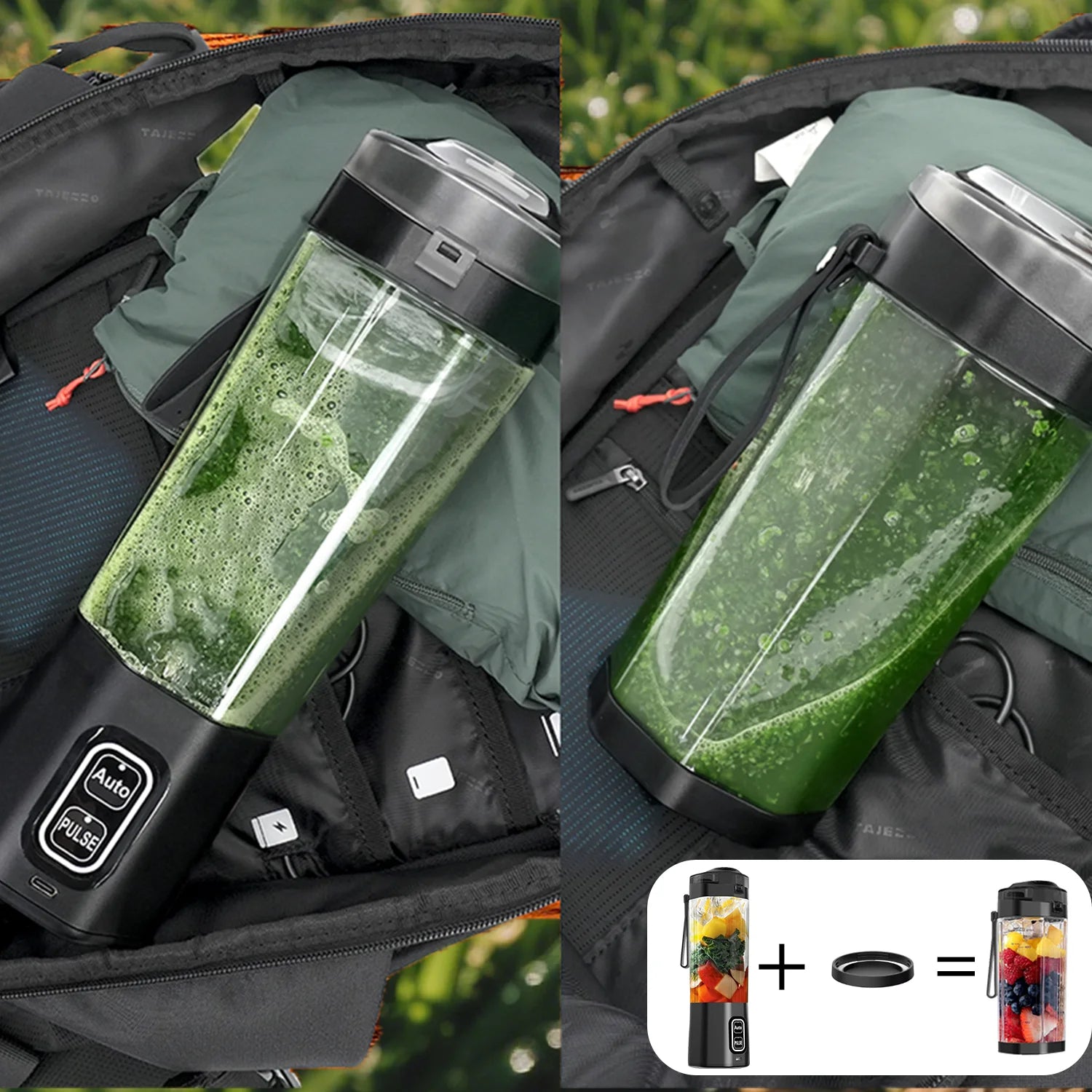 Portable black-and-clear electric blender bottle filled with a green smoothie, shown inside a backpack.